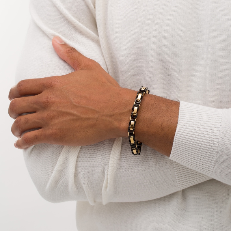 Main Image 2 of 8.0mm Byzantine Chain Bracelet in Solid Stainless Steel  with Black and Yellow Ion-Plate - 9"