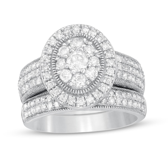 1-1/3 CT. T.w. Composite Oval Diamond Frame Vintage-Style Multi-Row Bridal Set in 10K White Gold