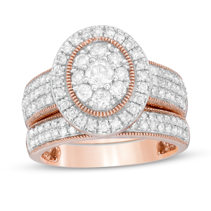 1-1/3 CT. T.W. Composite Oval Diamond Frame Vintage-Style Multi-Row Bridal Set in 10K Rose Gold