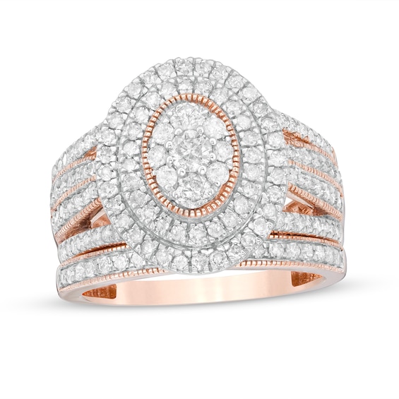 1-1/4 CT. T.w. Composite Oval Diamond Double Frame Vintage-Style Multi-Row Bridal Set in 10K Rose Gold