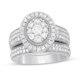 1-1/3 CT. T.W. Composite Oval Diamond Frame Vintage-Style Multi-Row Bridal Set in 10K White Gold