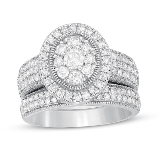 1-1/3 CT. T.w. Composite Oval Diamond Frame Vintage-Style Multi-Row Bridal Set in 10K White Gold