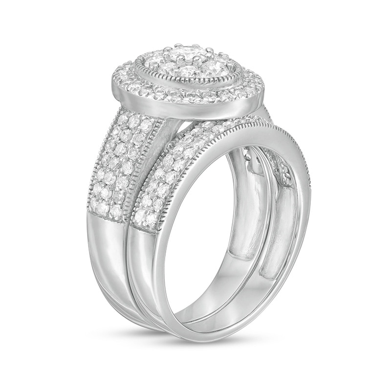 Main Image 3 of 1-1/3 CT. T.W. Composite Oval Diamond Frame Vintage-Style Multi-Row Bridal Set in 10K White Gold