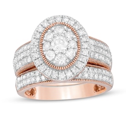 1-1/3 CT. T.W. Composite Oval Diamond Frame Vintage-Style Multi-Row Bridal Set in 10K Rose Gold