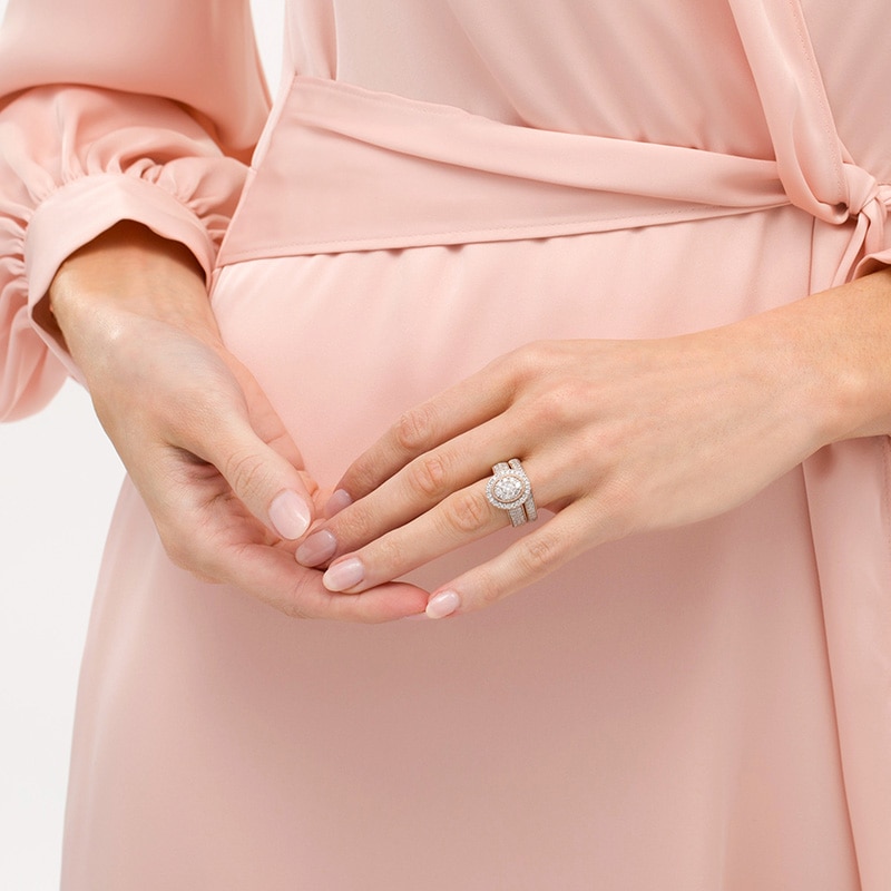 Main Image 2 of 1-1/3 CT. T.W. Composite Oval Diamond Frame Vintage-Style Multi-Row Bridal Set in 10K Rose Gold