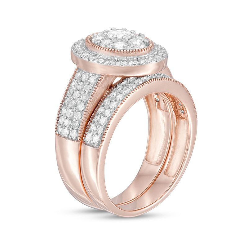 Main Image 3 of 1-1/3 CT. T.W. Composite Oval Diamond Frame Vintage-Style Multi-Row Bridal Set in 10K Rose Gold
