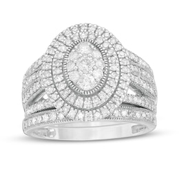 1-1/4 CT. T.W. Composite Oval Diamond Double Frame Vintage-Style Multi-Row Bridal Set in 10K White Gold