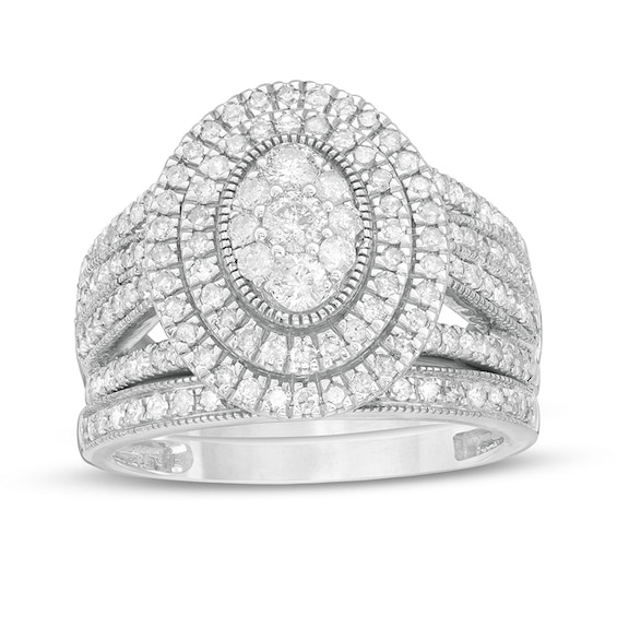1-1/4 CT. T.w. Composite Oval Diamond Double Frame Vintage-Style Multi-Row Bridal Set in 10K White Gold