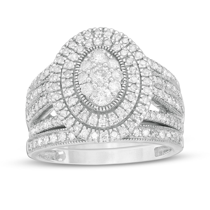 Main Image 1 of 1-1/4 CT. T.W. Composite Oval Diamond Double Frame Vintage-Style Multi-Row Bridal Set in 10K White Gold