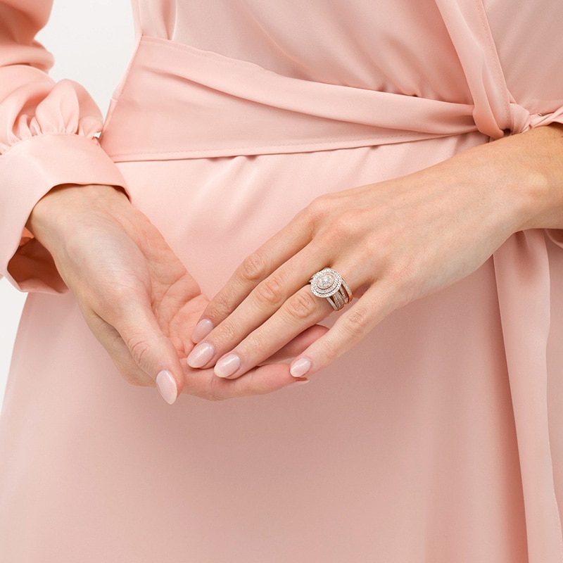 Main Image 2 of 1-1/4 CT. T.W. Composite Oval Diamond Double Frame Vintage-Style Multi-Row Bridal Set in 10K Rose Gold