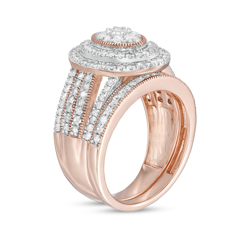 Main Image 3 of 1-1/4 CT. T.W. Composite Oval Diamond Double Frame Vintage-Style Multi-Row Bridal Set in 10K Rose Gold