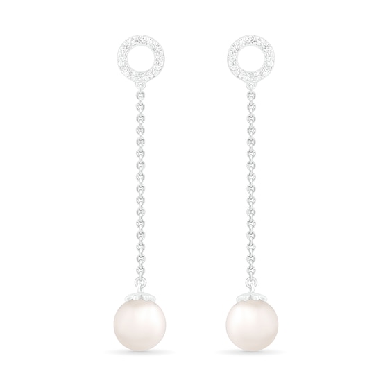 7.0mm Cultured Freshwater Pearl and Lab-Created White Sapphire Open Circle Linear Drop Earrings in Sterling Silver 7.0mm Cultured Freshwater Pearl and Lab-Created White Sapphire Open Circle Linear Drop Earrings in Sterling Silver