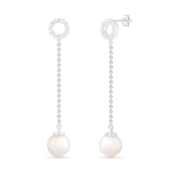 7.0mm Cultured Freshwater Pearl and Lab-Created White Sapphire Open Circle Linear Drop Earrings in Sterling Silver 7.0mm Cultured Freshwater Pearl and Lab-Created White Sapphire Open Circle Linear Drop Earrings in Sterling Silver
