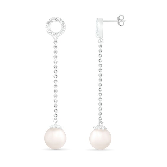 7.0mm Cultured Freshwater Pearl and Lab-Created White Sapphire Open Circle Linear Drop Earrings in Sterling Silver 7.0mm Cultured Freshwater Pearl and Lab-Created White Sapphire Open Circle Linear Drop Earrings in Sterling Silver