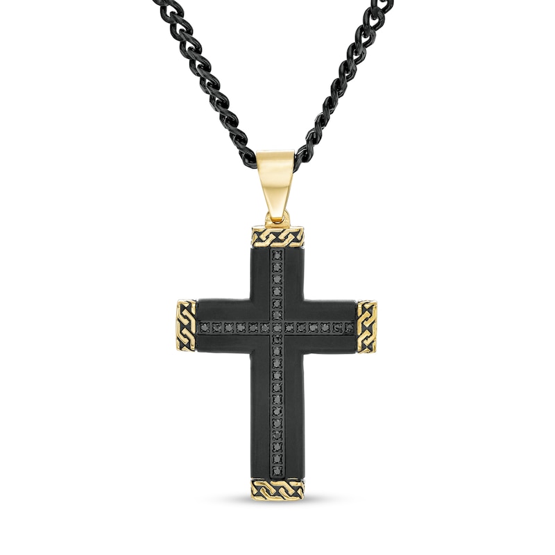 Men's 1/4 CT. T.W. Black Enhanced Diamond and Chain Link-Ends Cross Pendant in Stainless Steel and Two-Tone IP - 24"