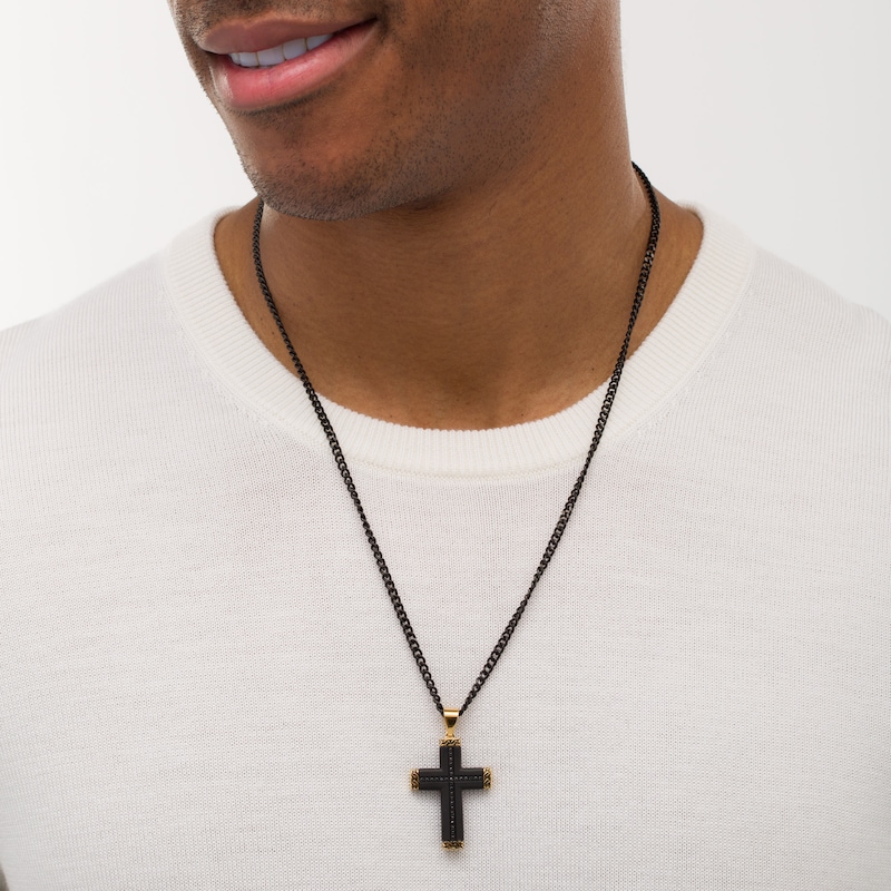 Men's 1/4 CT. T.W. Black Enhanced Diamond and Chain Link-Ends Cross Pendant in Stainless Steel and Two-Tone IP - 24"