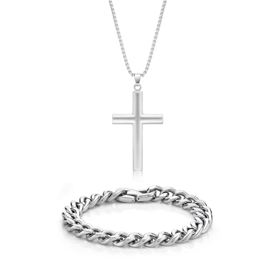 Multi-Finish Cross Pendant and 11.0mm Curb Chain Bracelet Set in Solid Stainless Steel - 24"