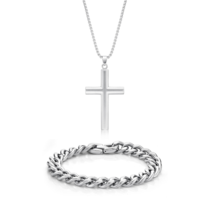 Men's Multi-Finish Cross Pendant and 11.0mm Solid Curb Chain Bracelet ...