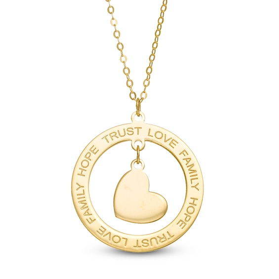 "Hope" "Trust" "Love" and "Faimly" Circle with Tilted Heart Dangle Pendant in 10K Gold