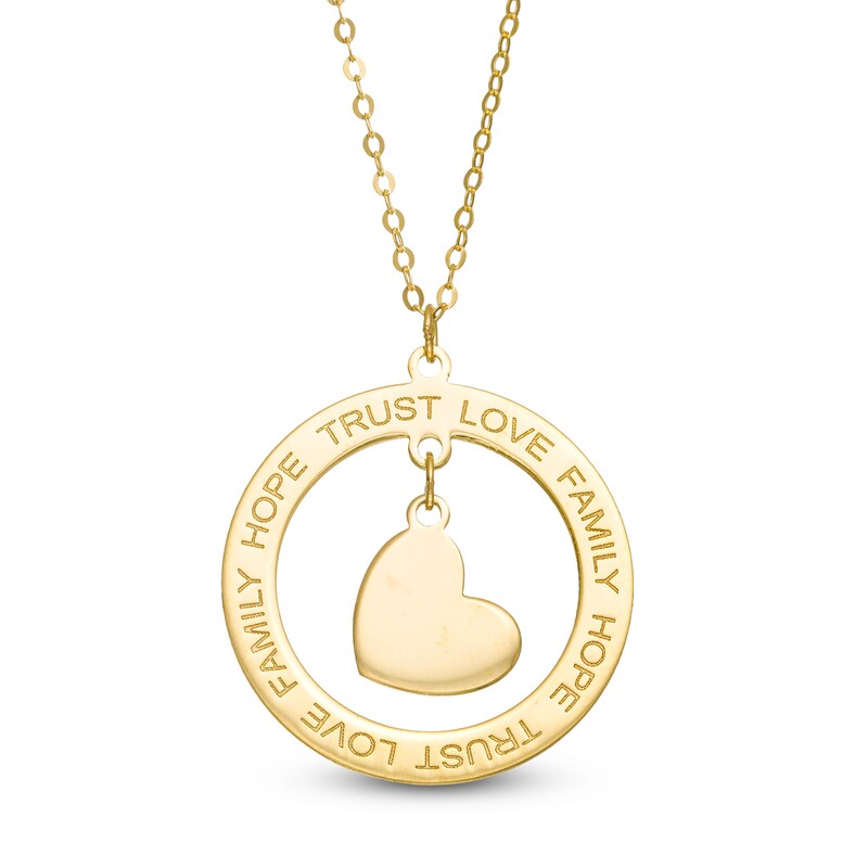 Main Image 1 of "HOPE", "TRUST", "LOVE" and "FAIMLY" Circle with Tilted Heart Dangle Pendant in 10K Gold