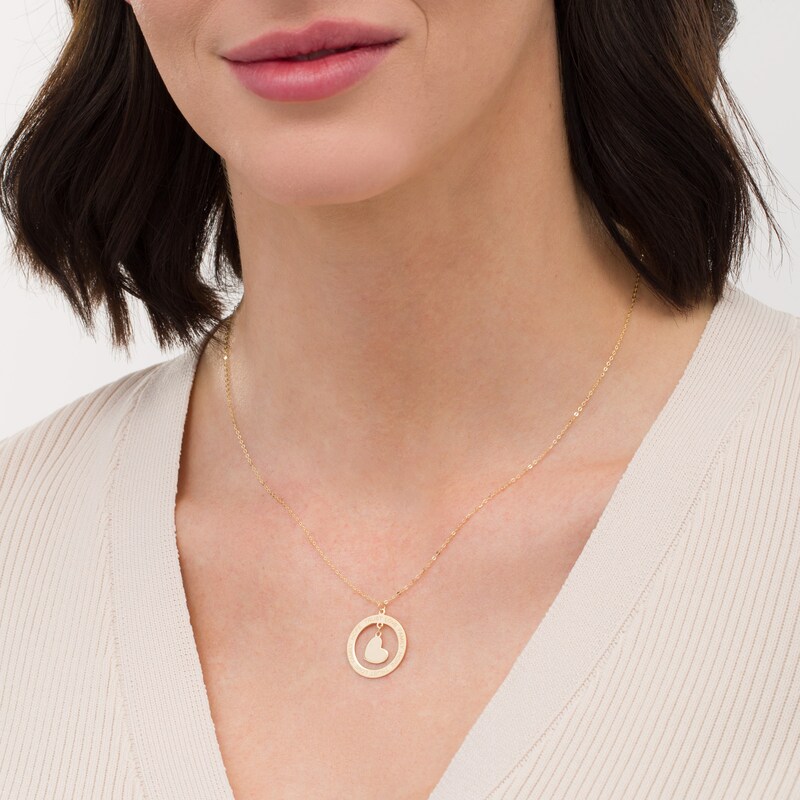 Main Image 2 of "HOPE", "TRUST", "LOVE" and "FAIMLY" Circle with Tilted Heart Dangle Pendant in 10K Gold