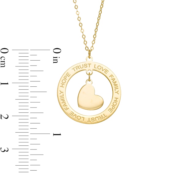 "Hope" "Trust" "Love" and "Faimly" Circle with Tilted Heart Dangle Pendant in 10K Gold