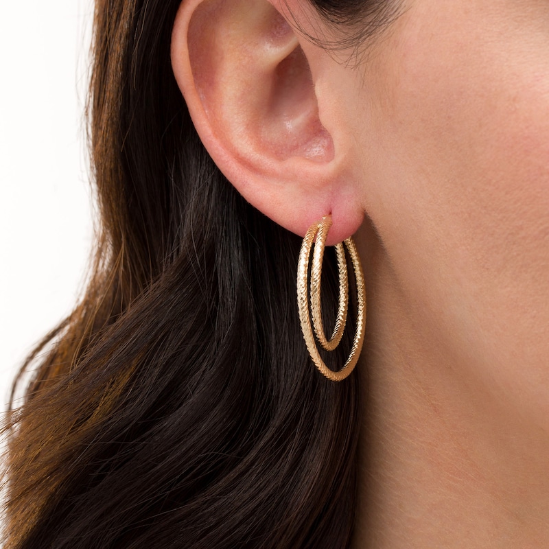 Main Image 2 of Made in Italy Diamond-Cut Layered Double Hoop Earrings in 14K Gold
