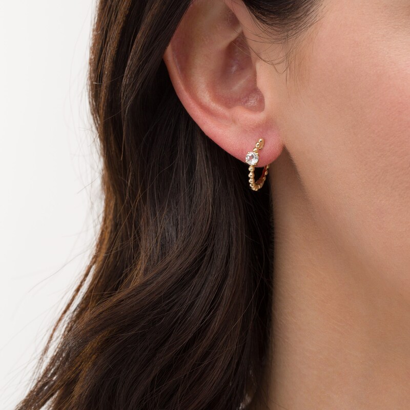 Main Image 2 of 4.0mm White Topaz Solitaire and Beaded Hoop Earrings in 10K Gold