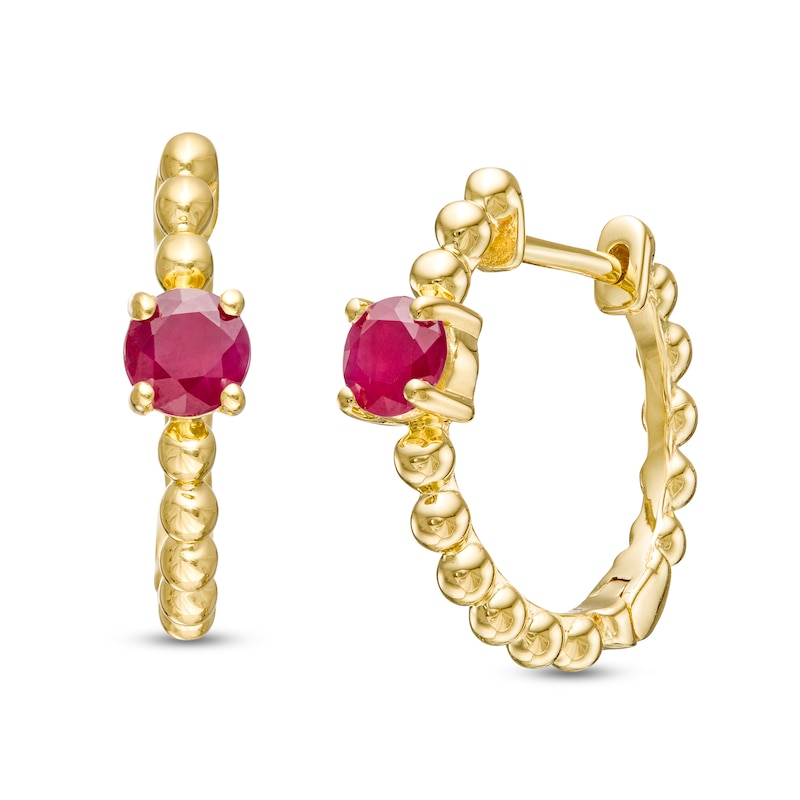 Main Image 1 of 4.0mm Ruby Solitaire and Beaded Hoop Earrings in 10K Gold
