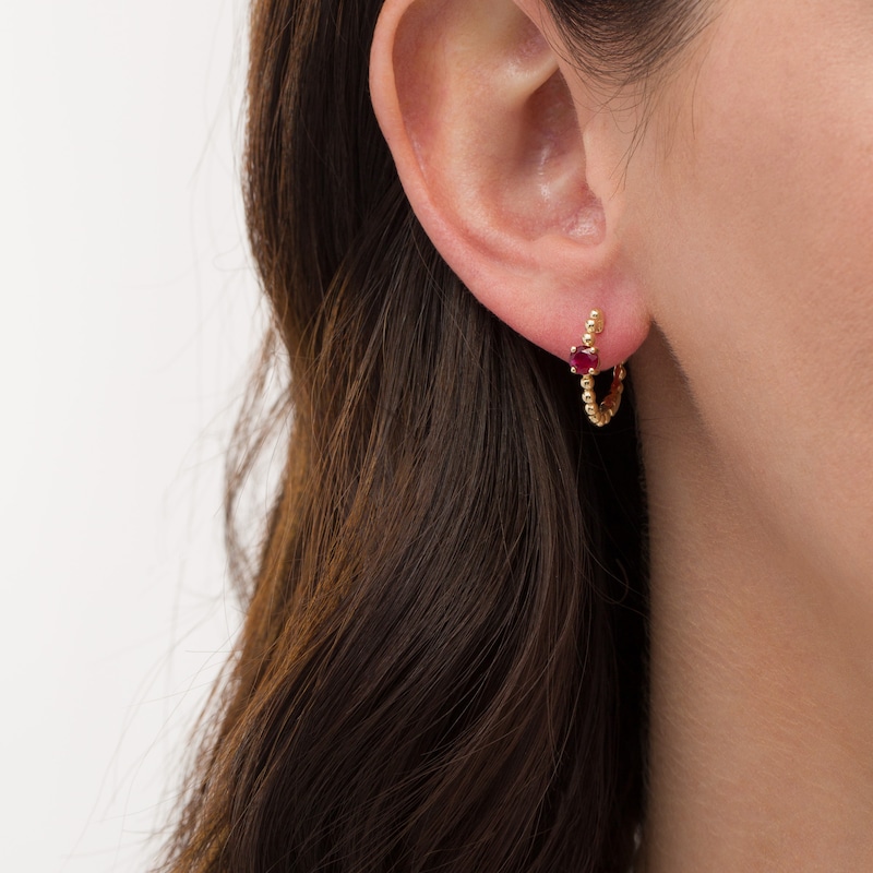 Main Image 2 of 4.0mm Ruby Solitaire and Beaded Hoop Earrings in 10K Gold