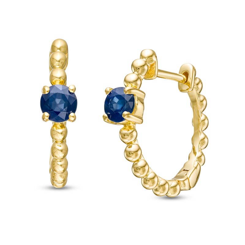 Main Image 1 of 4.0mm Blue Sapphire Solitaire and Beaded Hoop Earrings in 10K Gold