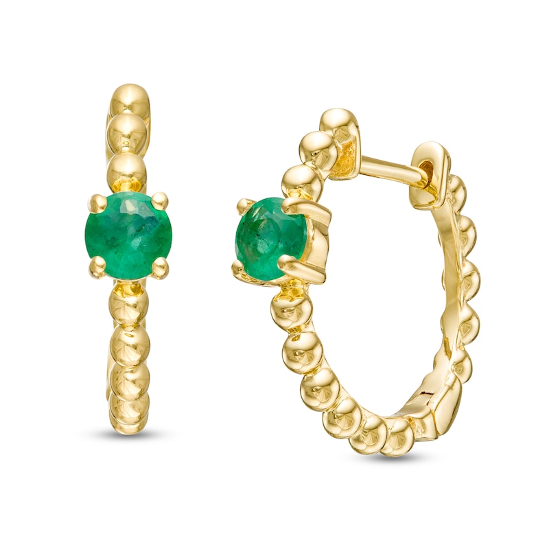 4.0mm Emerald Solitaire and Beaded Hoop Earrings in 10K Gold