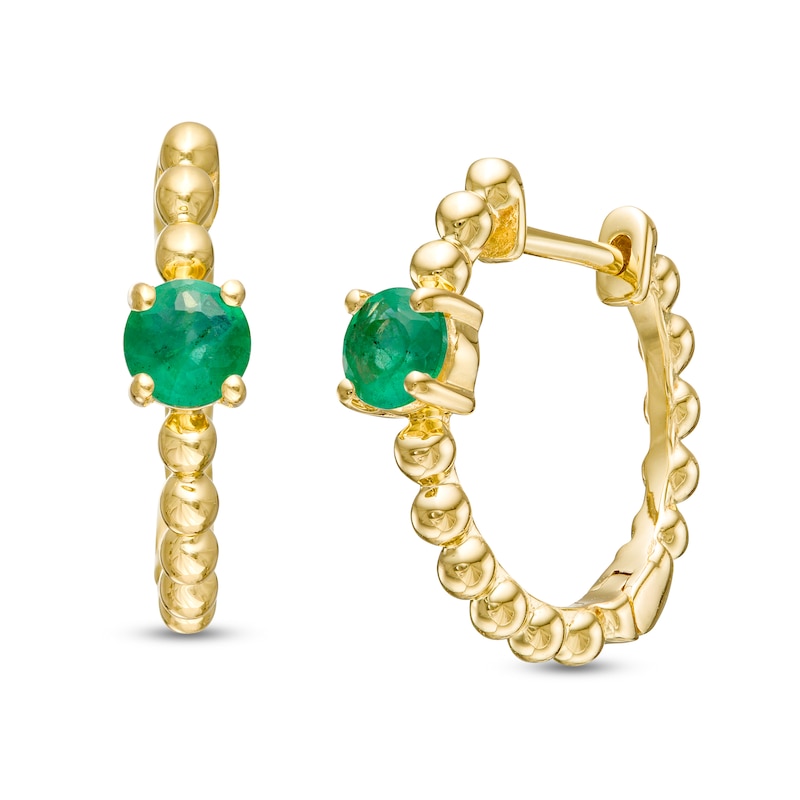 Main Image 1 of 4.0mm Emerald Solitaire and Beaded Hoop Earrings in 10K Gold