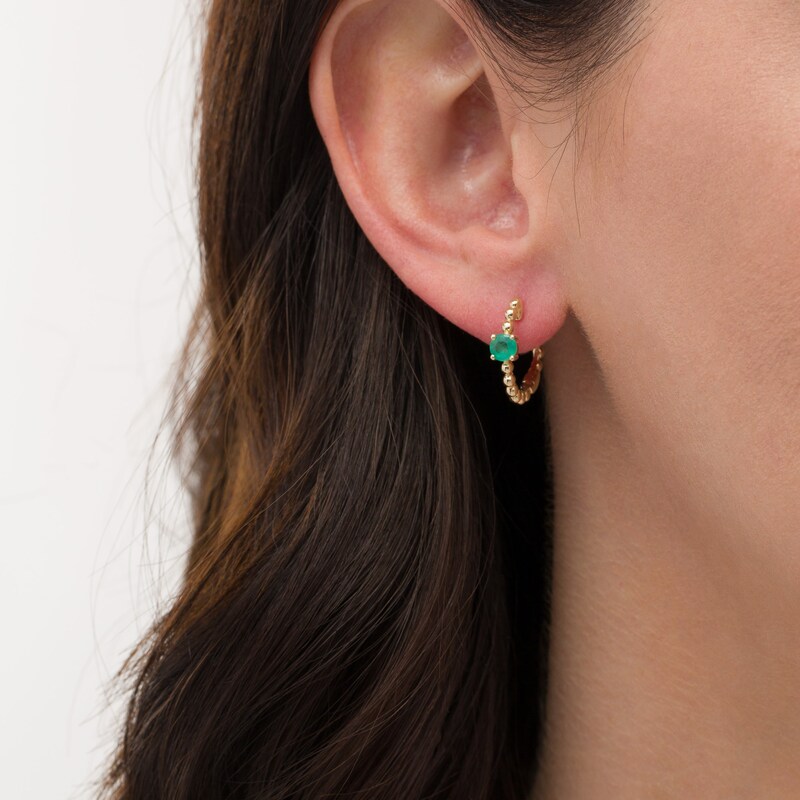 4.0mm Emerald Solitaire and Beaded Hoop Earrings in 10K Gold