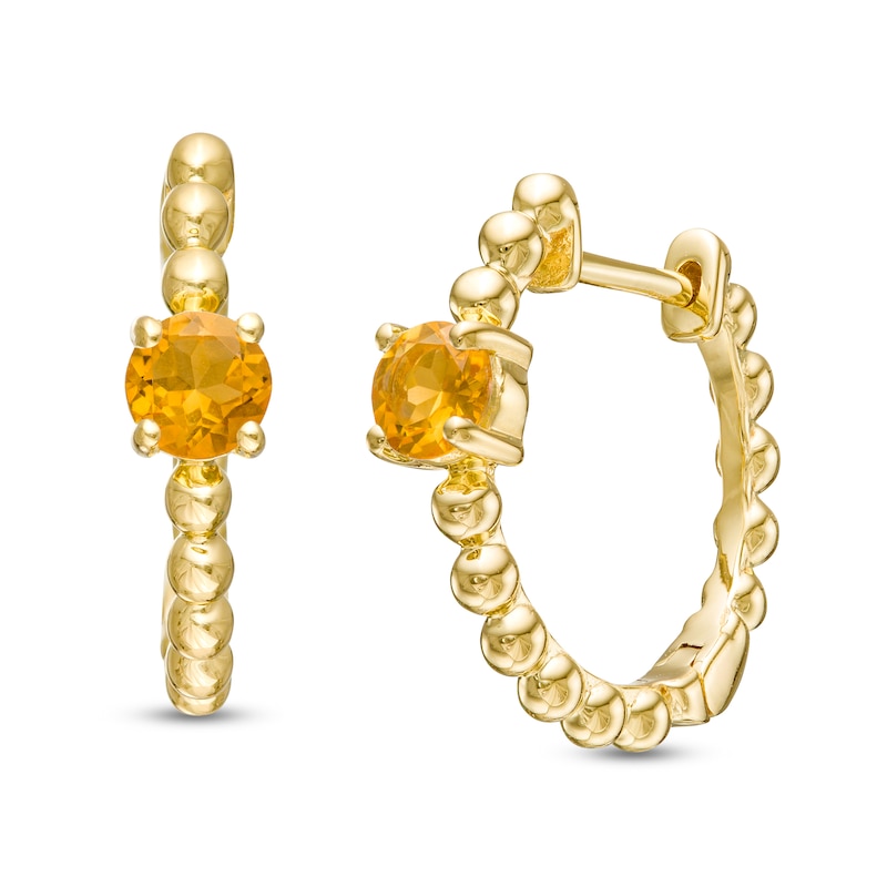 4.0mm Citrine Solitaire and Beaded Hoop Earrings in 10K Gold