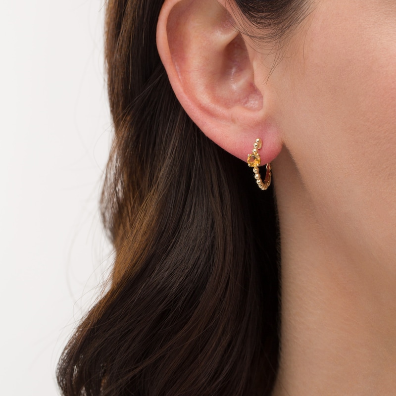Main Image 2 of 4.0mm Citrine Solitaire and Beaded Hoop Earrings in 10K Gold