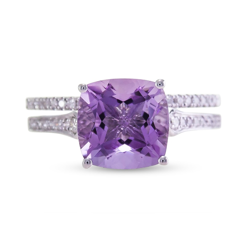 Main Image 1 of Cushion-Cut Amethyst and 1/6 CT. T.W. Diamond Bridal Set in 14K White Gold