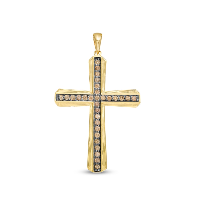 Main Image 1 of 1/2 CT. T.W. Champagne Diamond Layered Cross Necklace Charm in 10K Gold and Black Rhodium