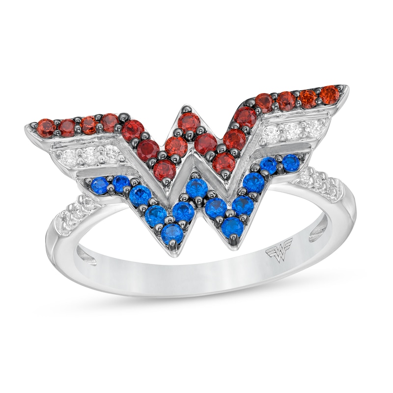 Main Image 1 of Wonder Woman™ Collection Garnet, Blue Sapphire and 1/15 CT. T.W. Diamond Symbol Ring in Sterling Silver