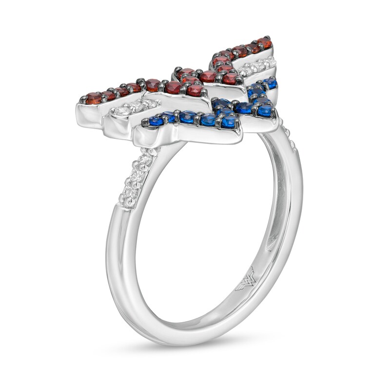 Main Image 3 of Wonder Woman™ Collection Garnet, Blue Sapphire and 1/15 CT. T.W. Diamond Symbol Ring in Sterling Silver