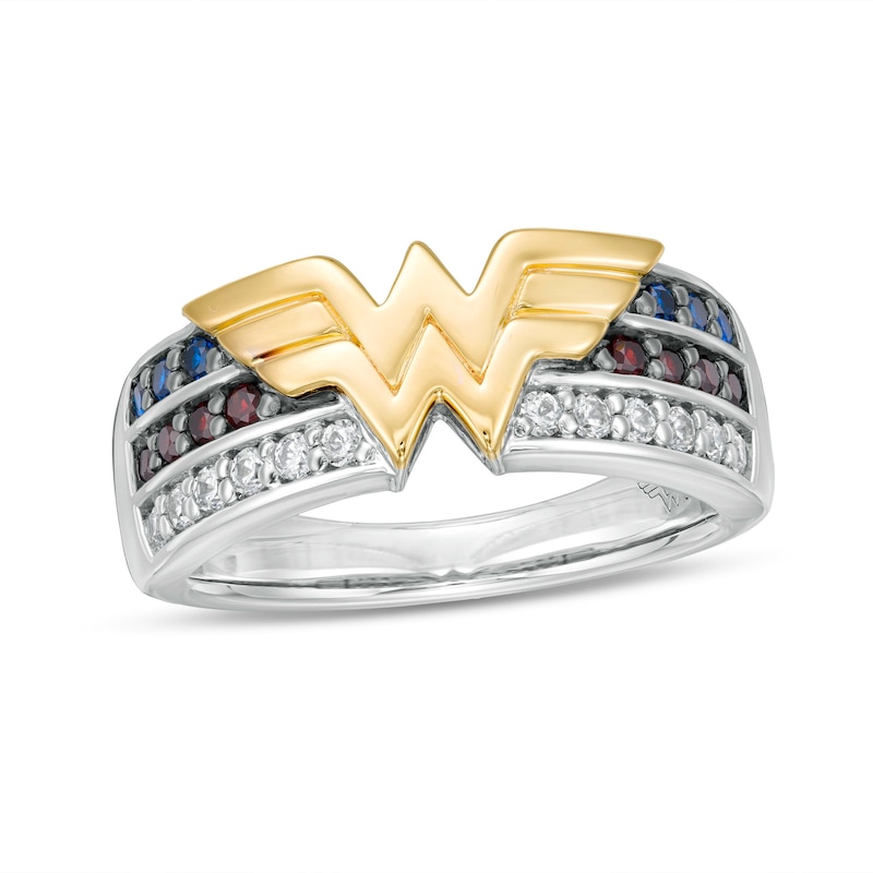 Wonder Woman™ 80th Anniversary Multi-Gemstone and 1/5 CT. T.W. Diamond Ring in Sterling Silver and 10K Gold