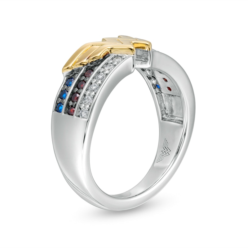 Wonder Woman™ 80th Anniversary Multi-Gemstone and 1/5 CT. T.W. Diamond Ring in Sterling Silver and 10K Gold