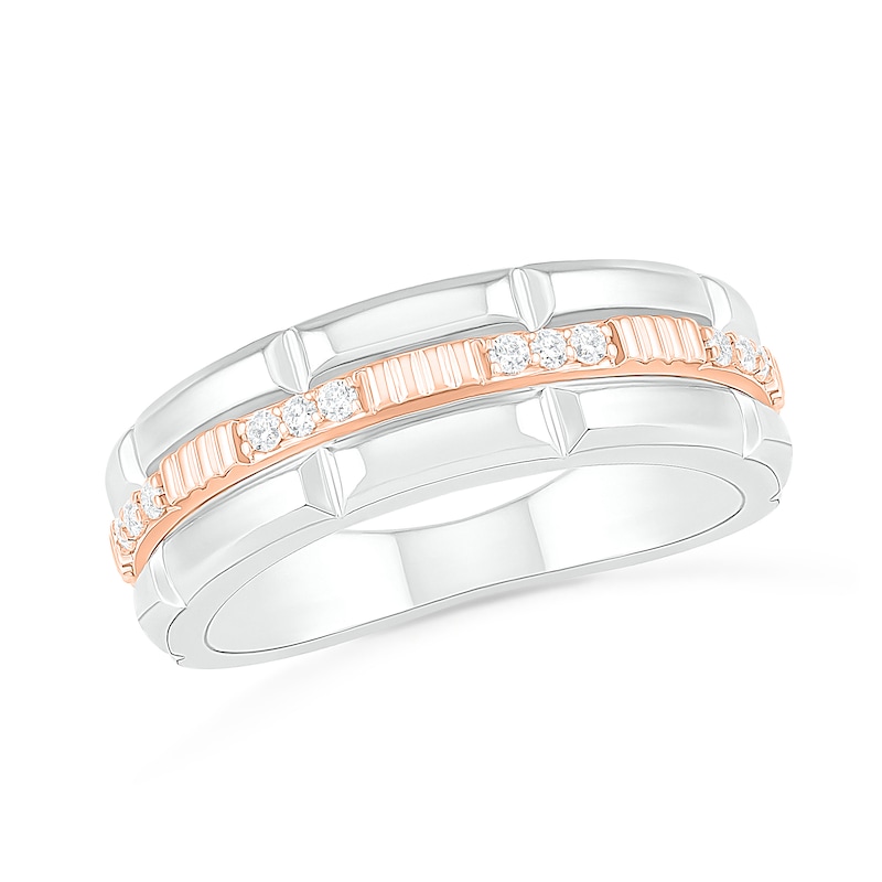 Main Image 1 of 1/8 CT. T.W. Diamond Textured Triple Row Wedding Band in 10K Two-Tone Gold