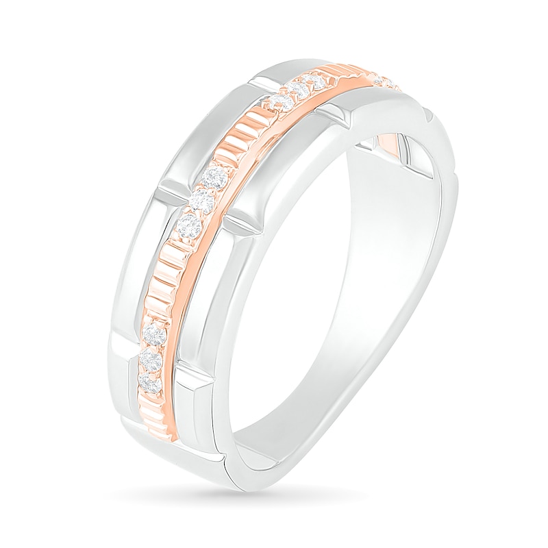 Main Image 3 of 1/8 CT. T.W. Diamond Textured Triple Row Wedding Band in 10K Two-Tone Gold