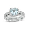 Thumbnail Image 1 of 7.0mm Cushion-Cut Aquamarine and 1/2 CT. T.W. Diamond Frame Bridal Set in 14K White Gold