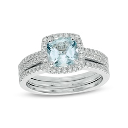 7.0mm Cushion-Cut Aquamarine and 1/2 CT. T.W. Diamond Frame Bridal Set in 14K White Gold