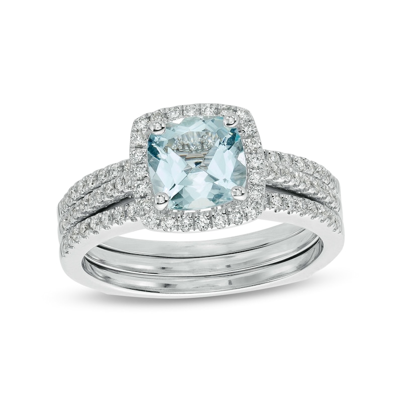 Main Image 1 of 7.0mm Cushion-Cut Aquamarine and 1/2 CT. T.W. Diamond Frame Bridal Set in 14K White Gold