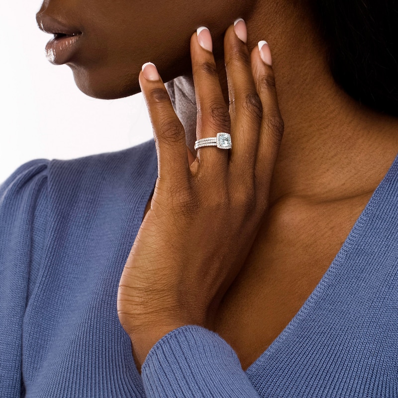 Main Image 2 of 7.0mm Cushion-Cut Aquamarine and 1/2 CT. T.W. Diamond Frame Bridal Set in 14K White Gold