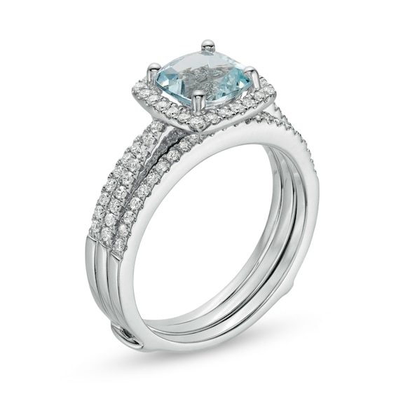 7.0mm Cushion-Cut Aquamarine and 1/2 CT. T.w. Diamond Frame Bridal Set in 14K White Gold