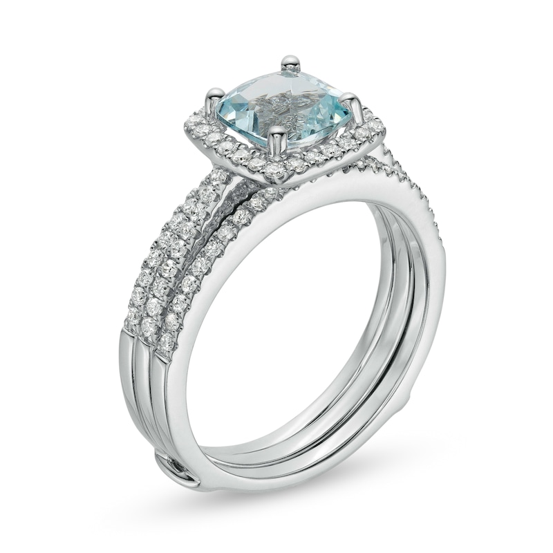 Main Image 3 of 7.0mm Cushion-Cut Aquamarine and 1/2 CT. T.W. Diamond Frame Bridal Set in 14K White Gold